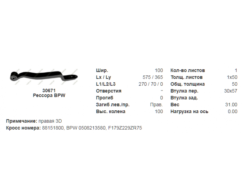 88151800 Напівресори BPW права 3D о. н. 0508213580 БО