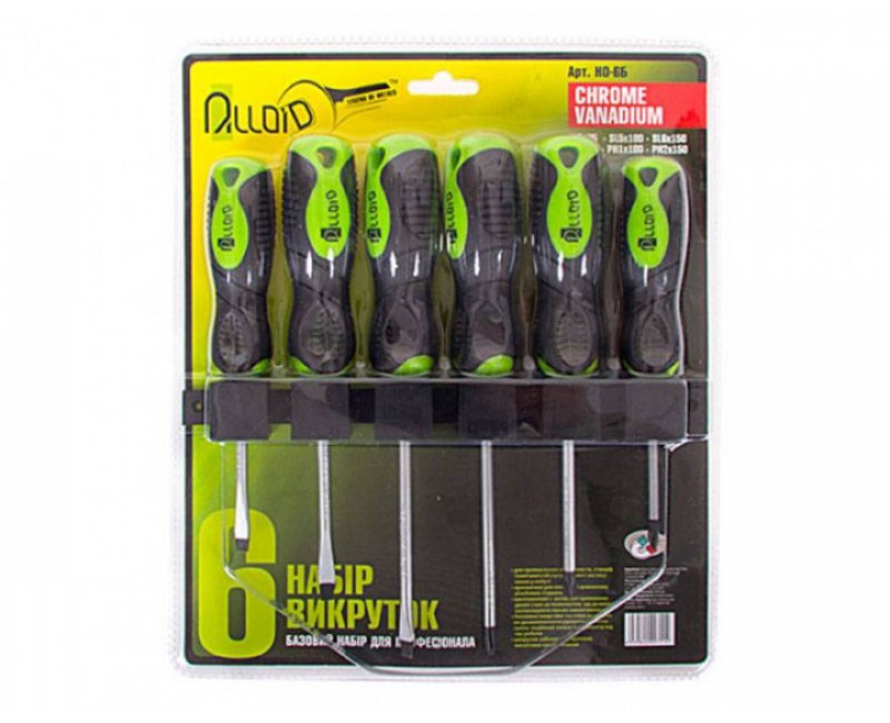 Набір викруток шліцевих та хрестових Alloid НО-6Б, 6 предметів + планка для кріплення
